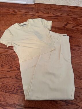 Kith satin beige trouser pants size 2 and cream mulberry pointelle top